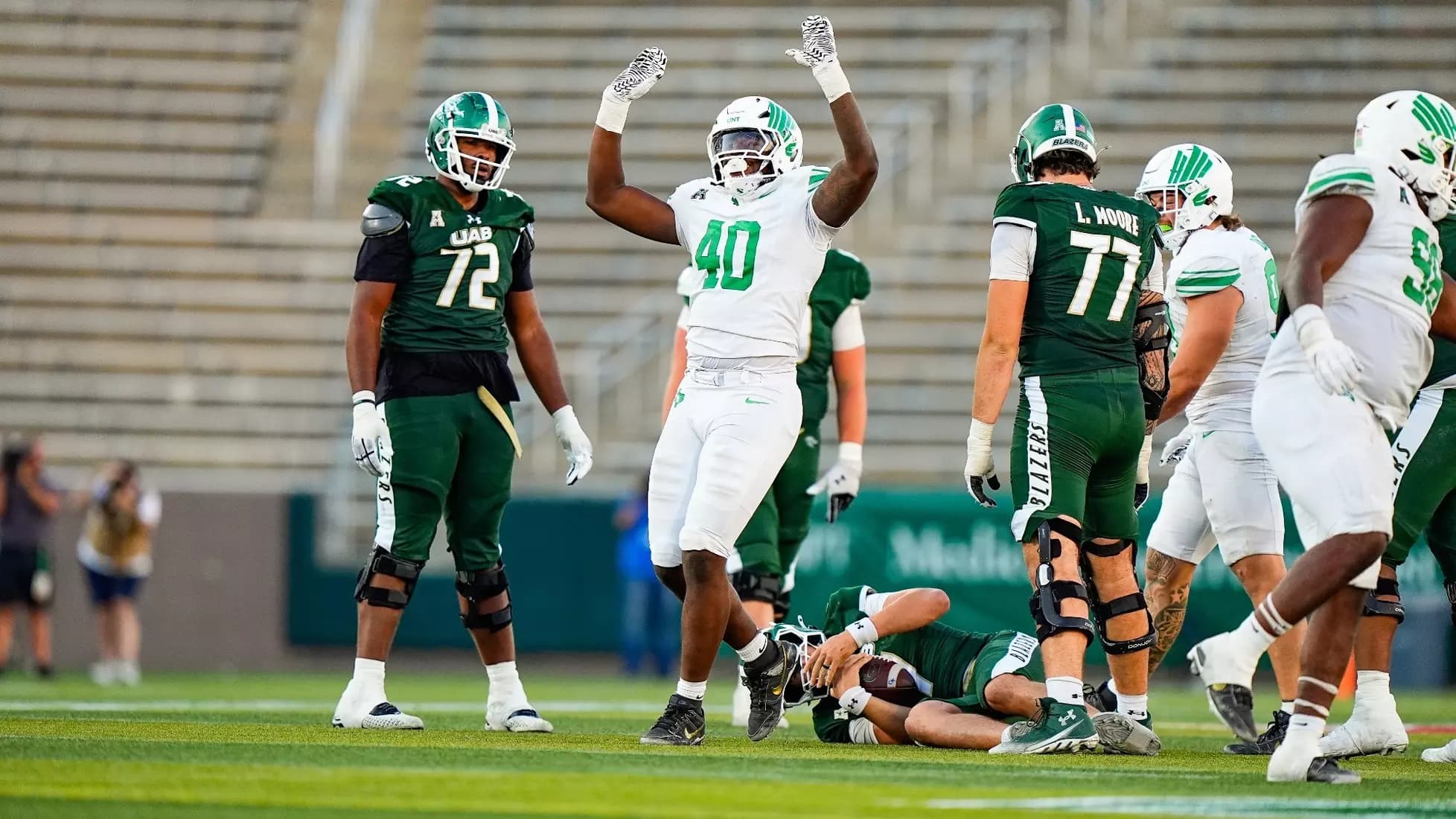 UNT Footbaly player Mestemaker on the football field