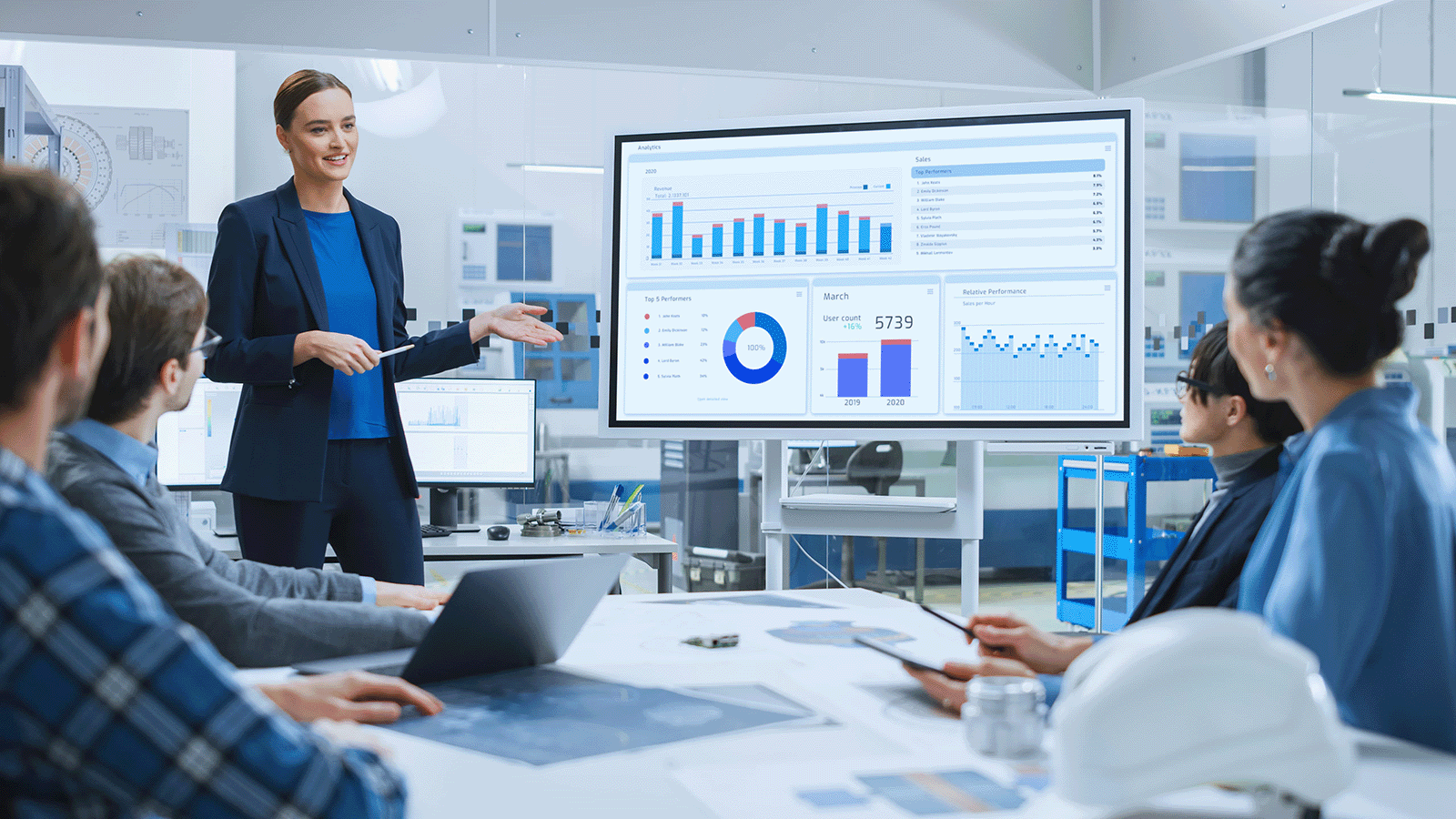 A woman giving a digital analytics presentation in a conference room