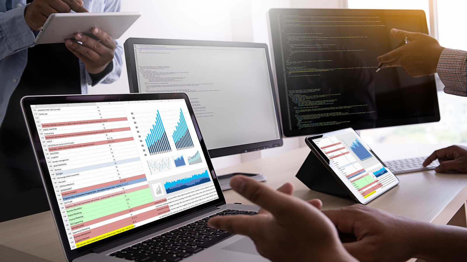 Computer screens with data analytics models and charts.