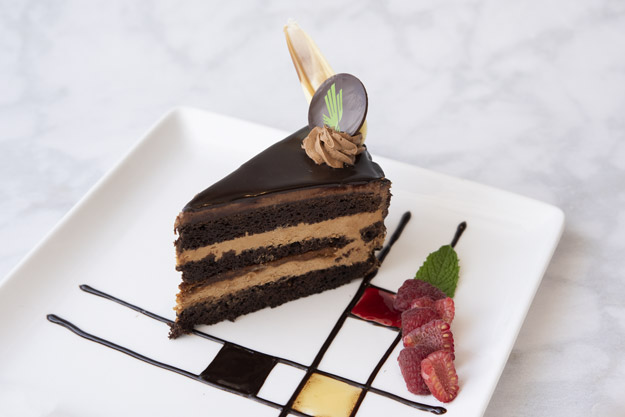 A slice of chocolate cake with berries on the side