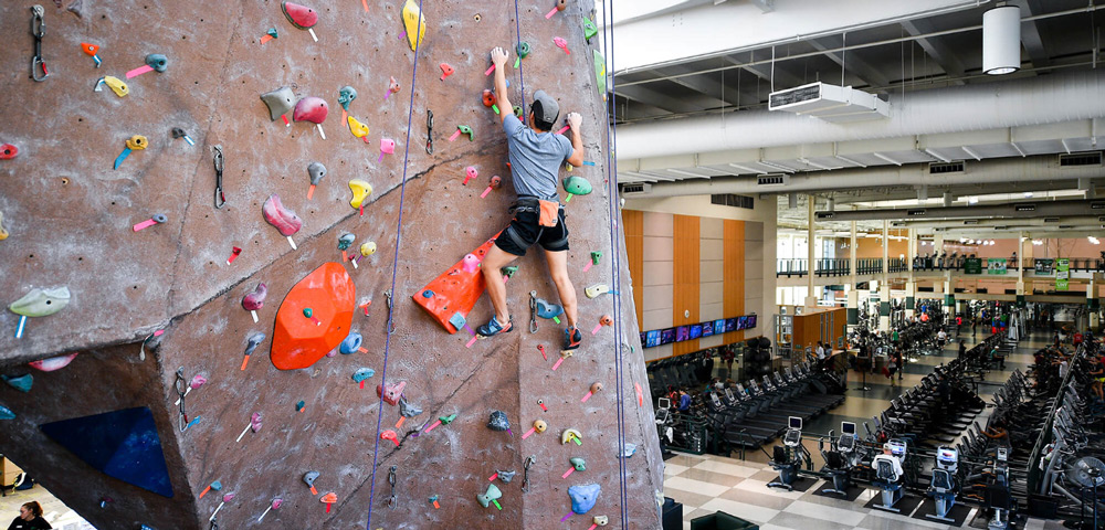 Student on the climbing wall at the Pohl Rec Center