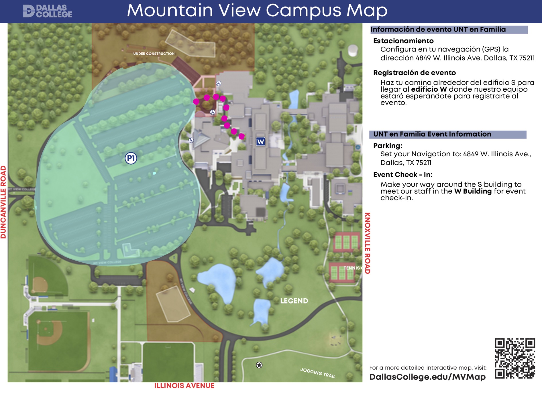 UNT en Familia event map at Dallas College Mountain View Campus