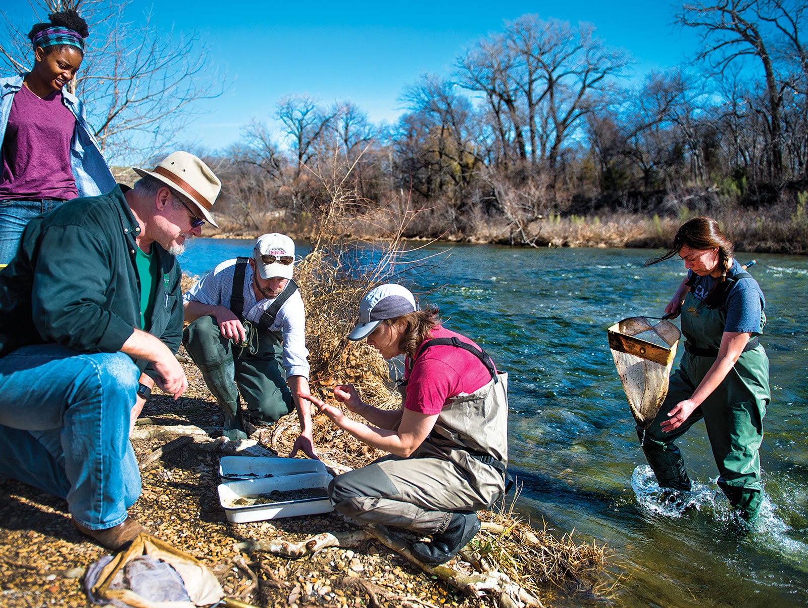 Researchings collecting samples from an Elm Fork waterway