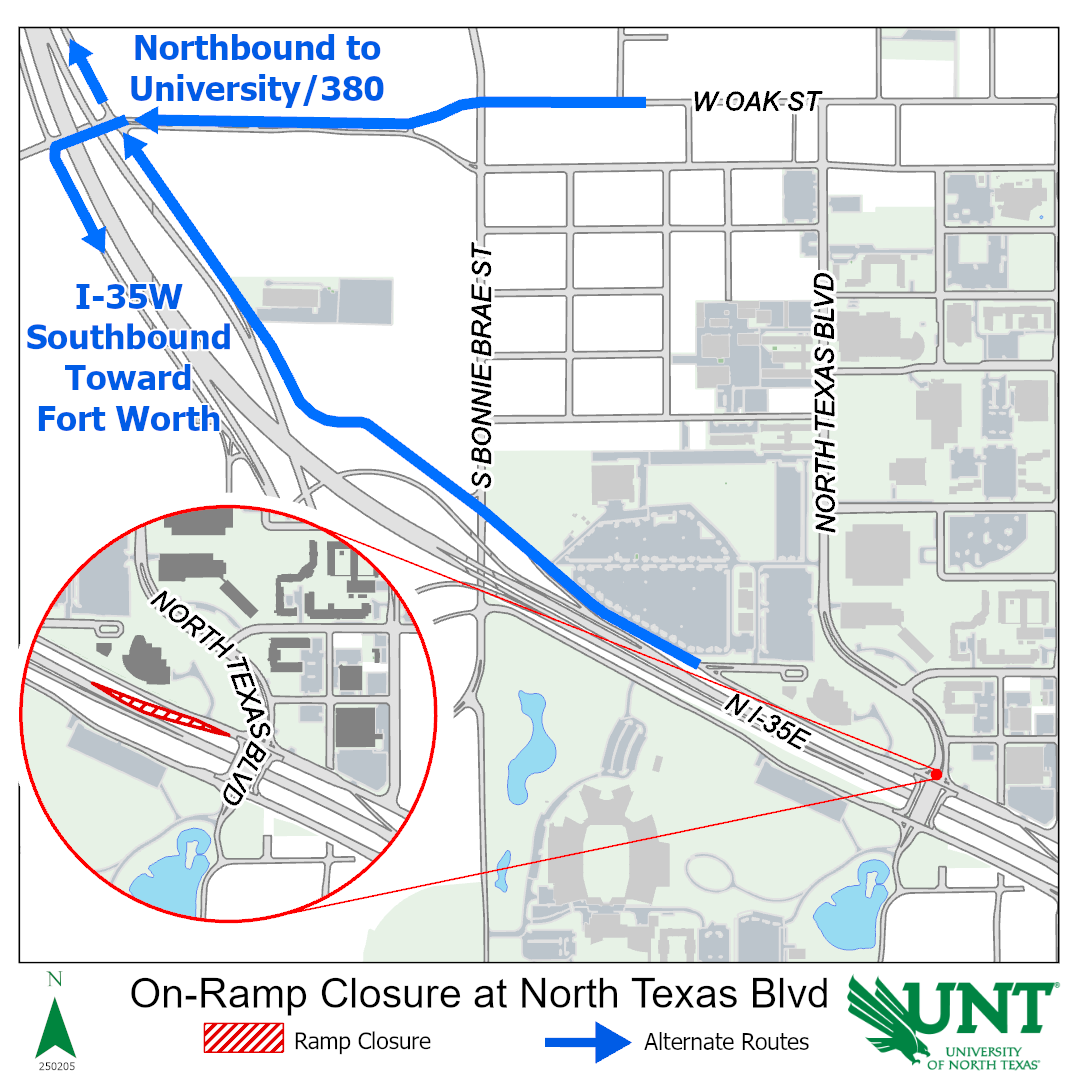 map illustration of North Texas Boulevard ramp closure