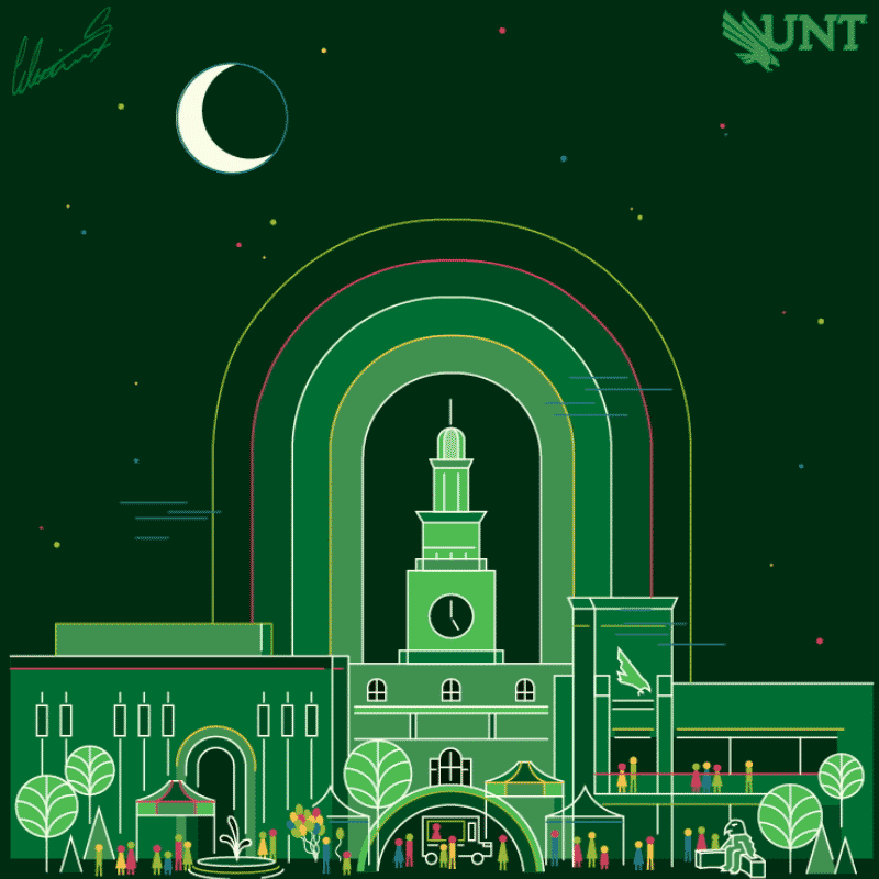 Animated GIF of the UNT Administration Building surrounded by a green rainbow and fireworks