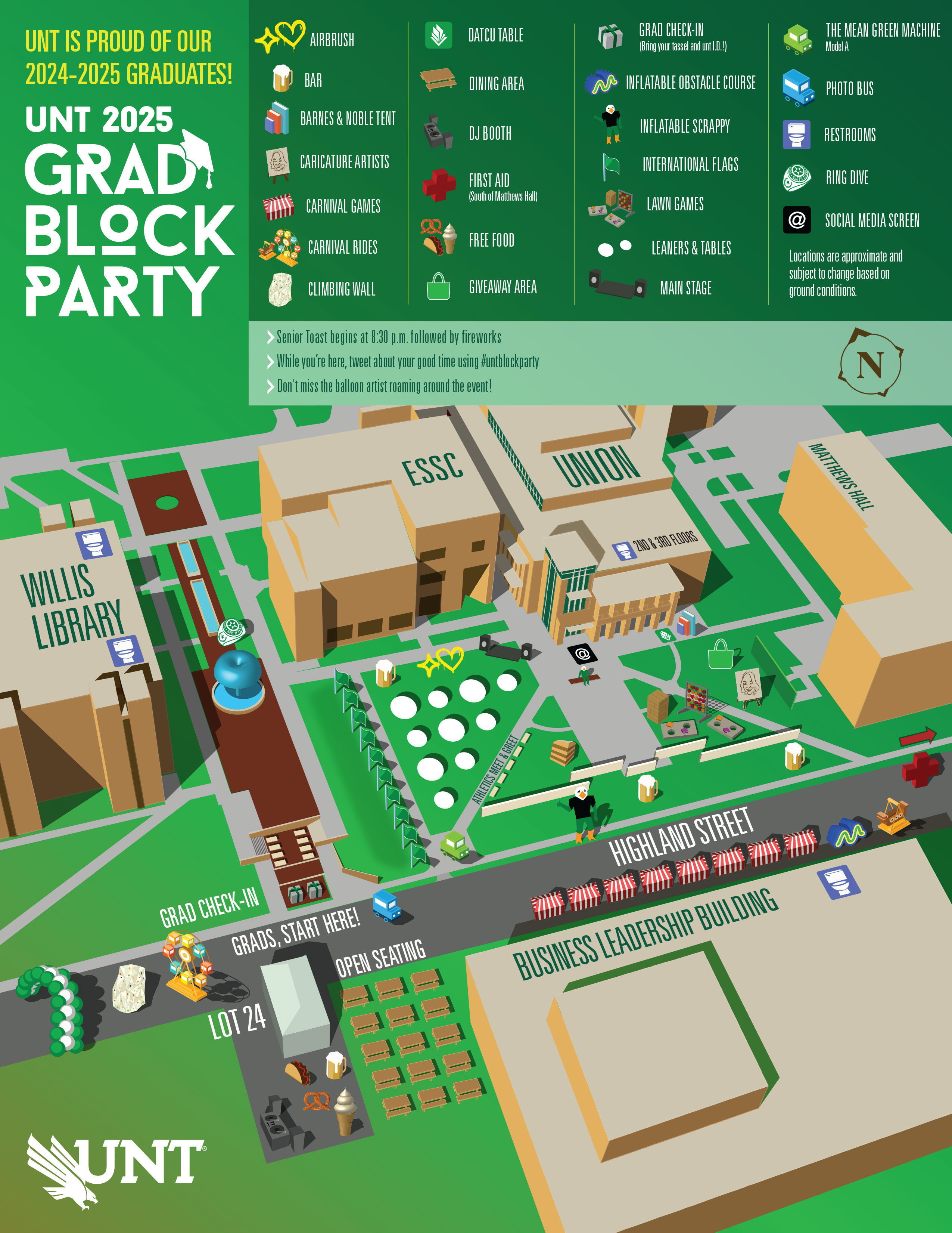 map showing locations of Grad Block Party attractions