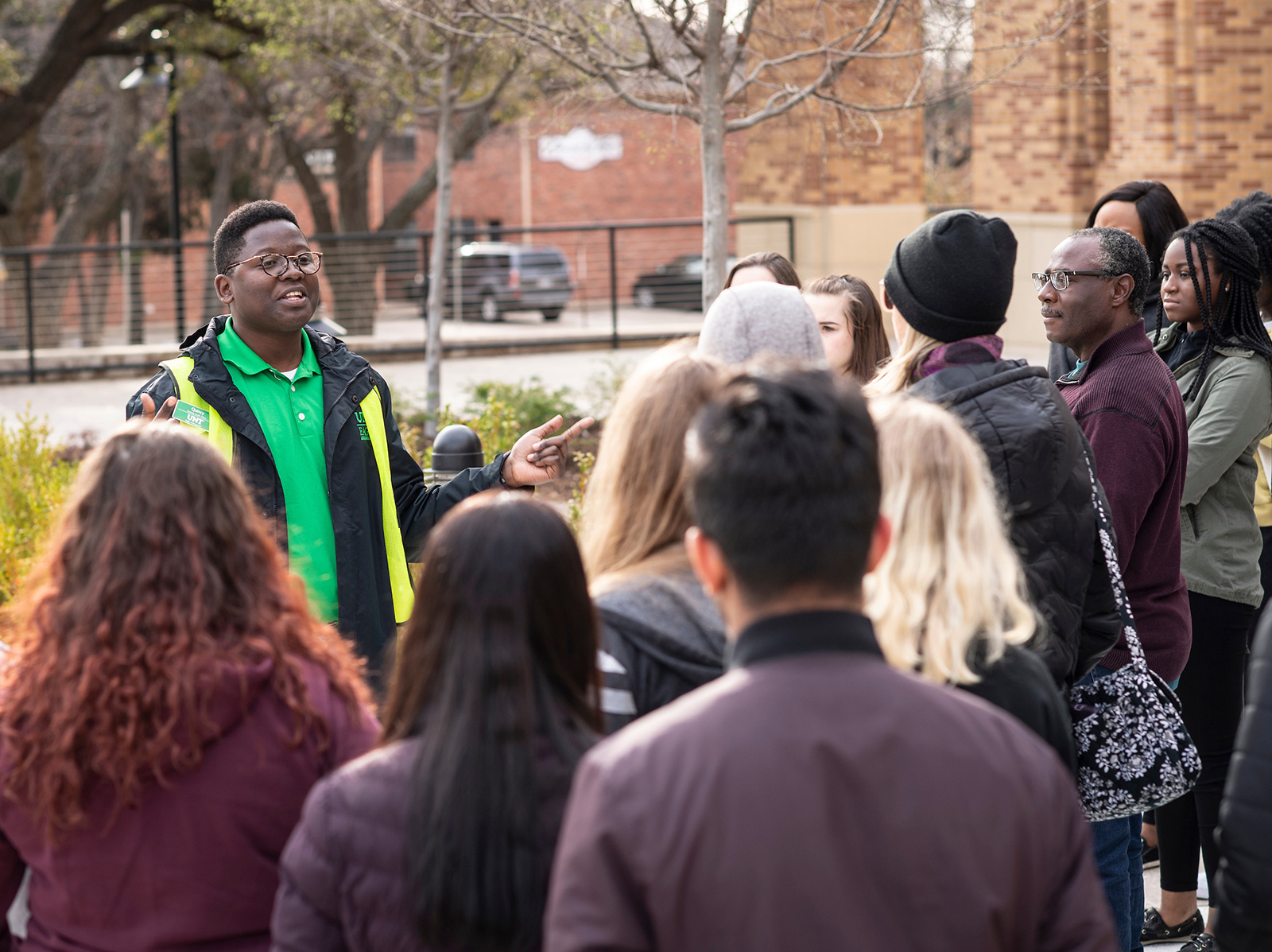 UNT Eagle Ambassador giving a tour to a group of future students