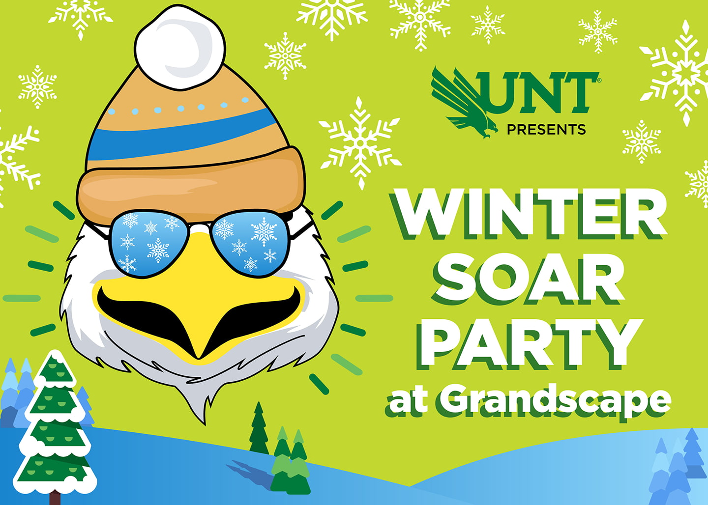 The Winter Soar Party at Grandscape artwork with Scrappy the Eagle mascot in a winter scene wearing funky sunglasses and a knit hat.