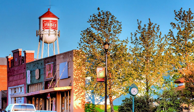 Frisco water tower in downton Frisco, Texas