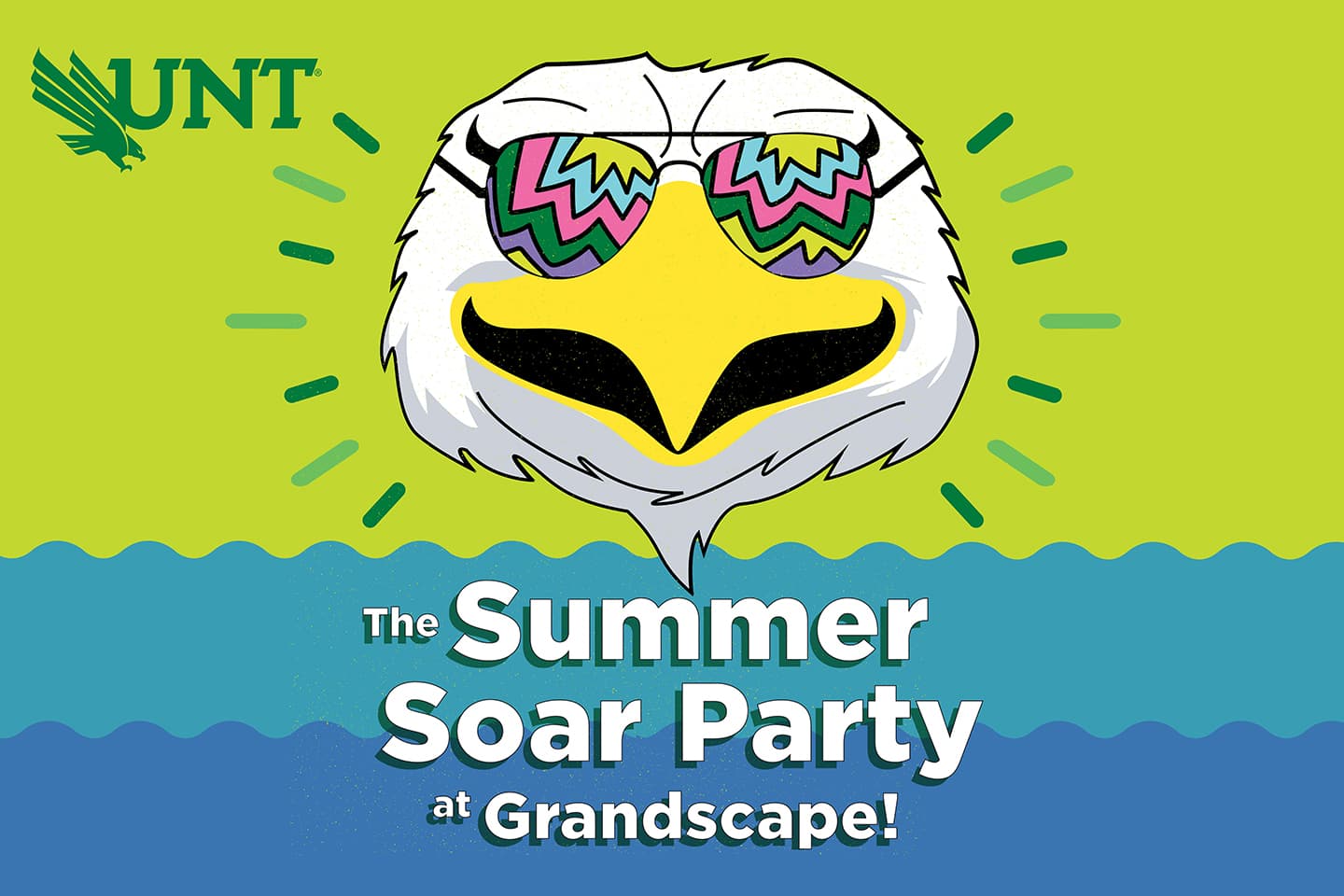 The Summer Soar Party at Grandscape artwork with Scrappy the Eagle mascot in a pool scene wearing funky sunglasses.