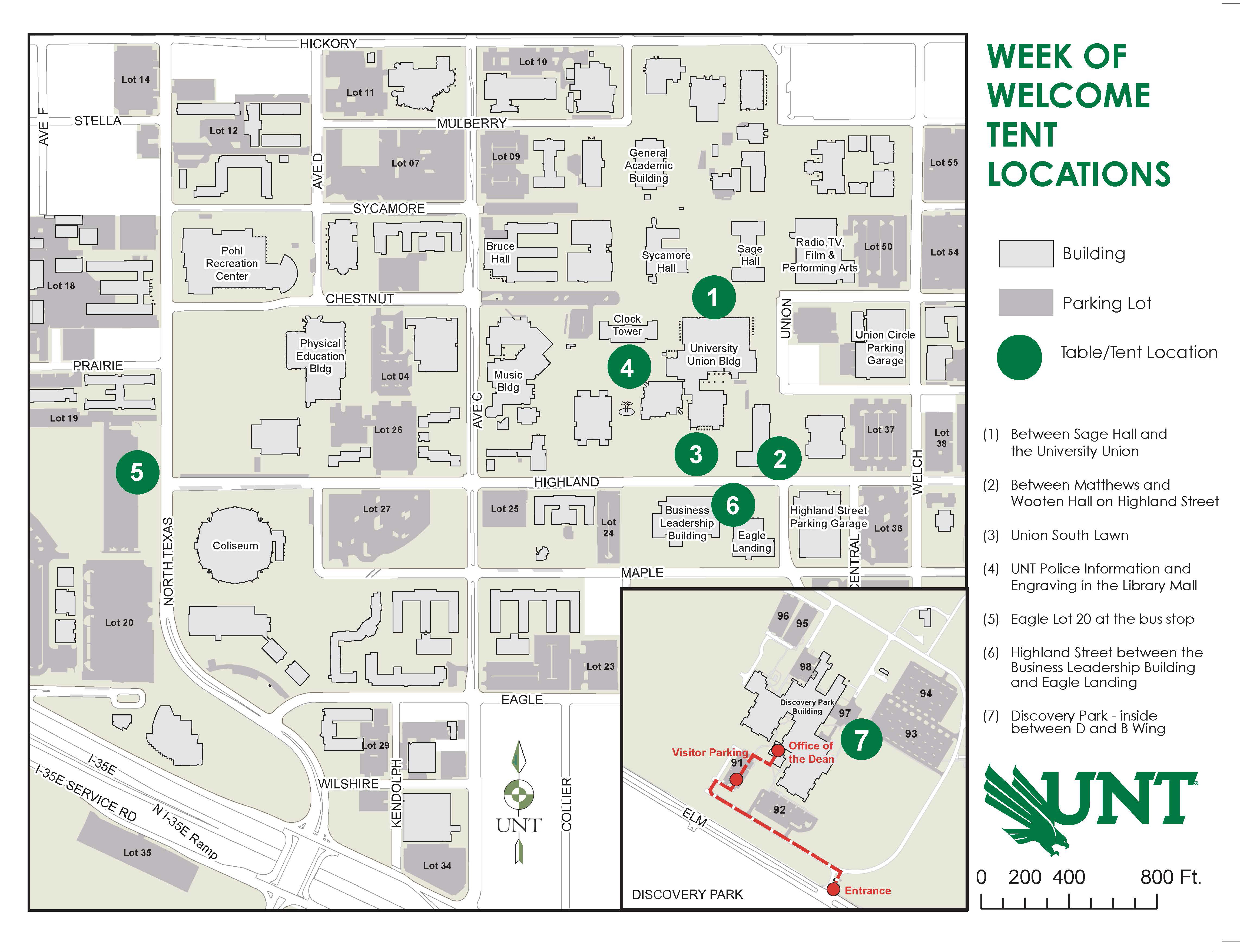 Map of welcome tents across UNT's Denton campus
