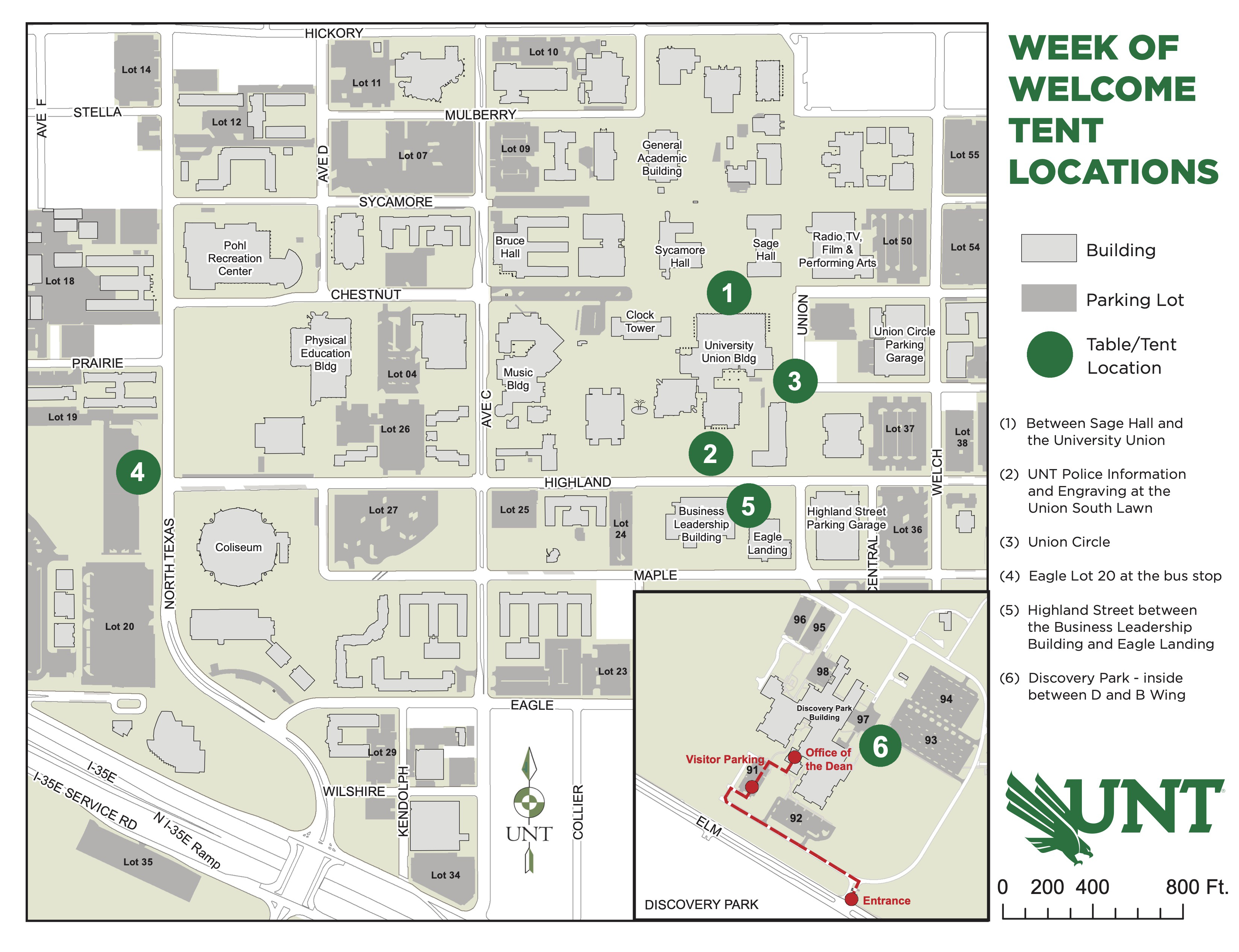 Map of welcome tents across UNT's Denton campus