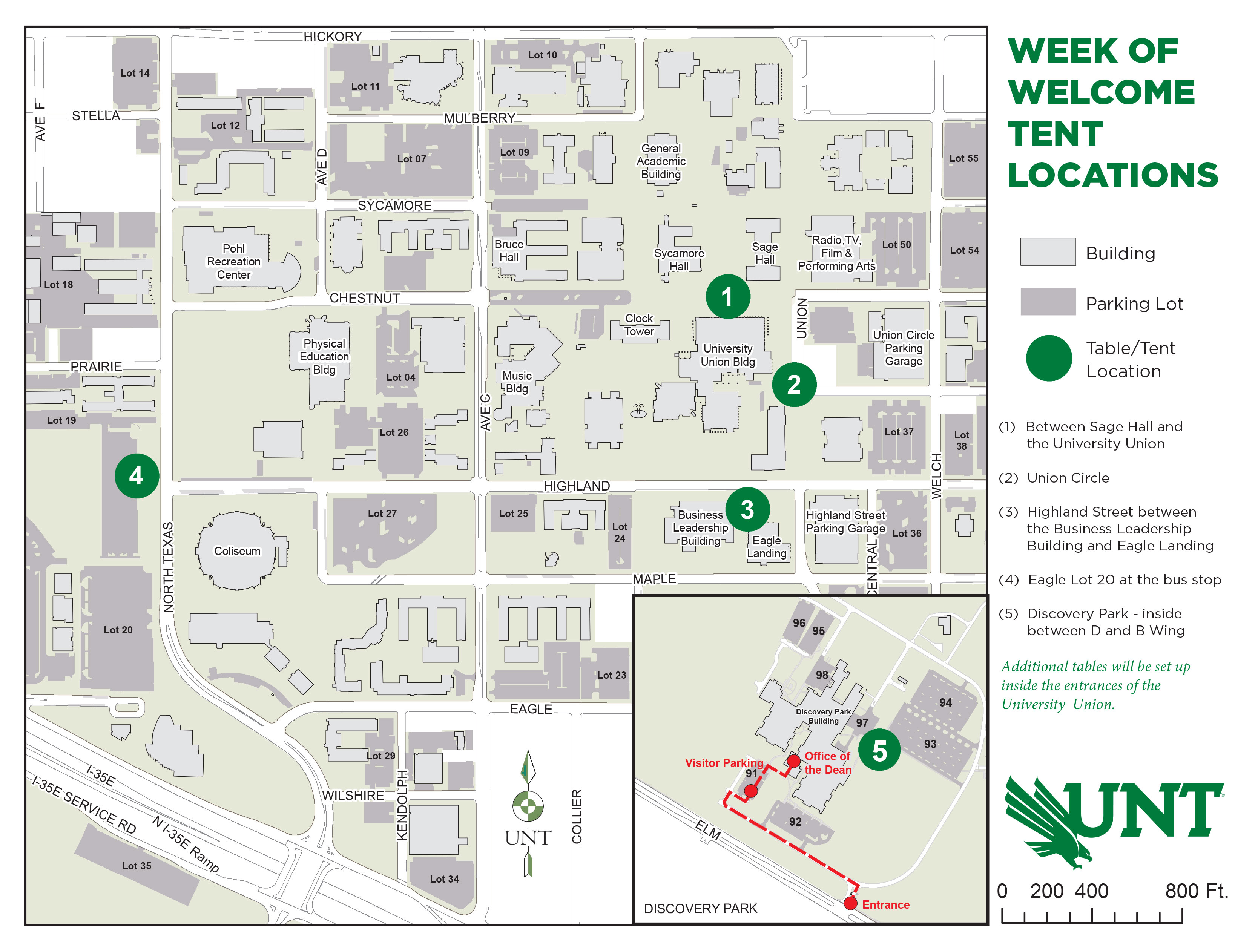 Map of welcome tents across UNT's Denton campus