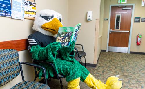 Scrappy the Eagle mascot reading a magazine in a waiting room in Chestnut Hall