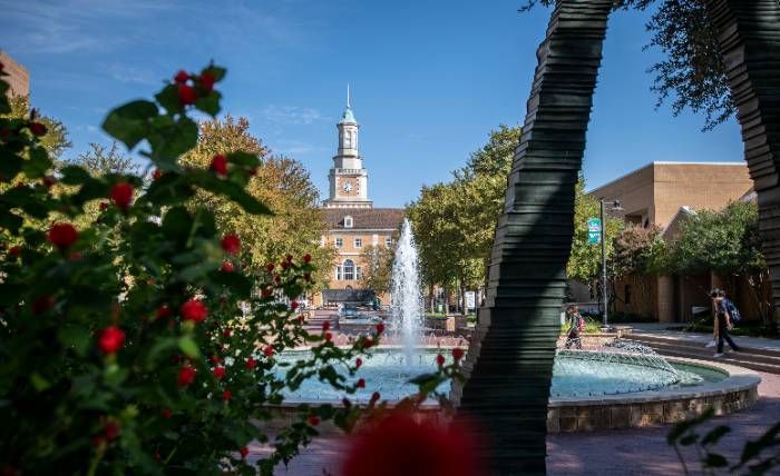 hurley administration building, fountain, book arch